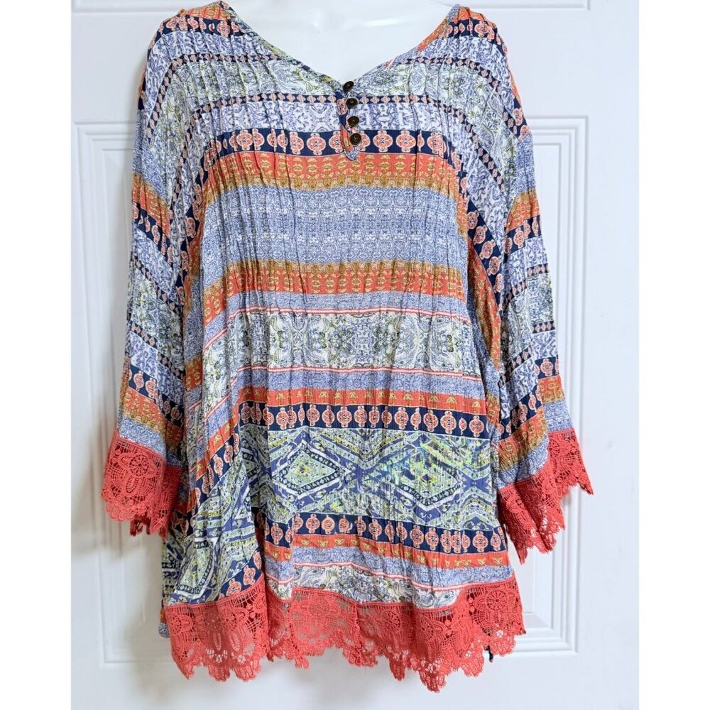 Catherine's Blouse SZ 3X‎ Flowy Boho Hippie Tunic Moroccan Pintuck Soft Lace